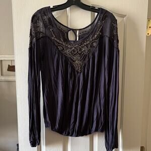 Free People Navy Blue Beaded and Embroidered Blouse size S